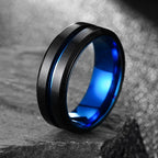 Fashion Men's Stainless Steel Rings 8mm Classical Black Blue Groove Beveled Edge Wedding Engagement Anniversary Jewelry