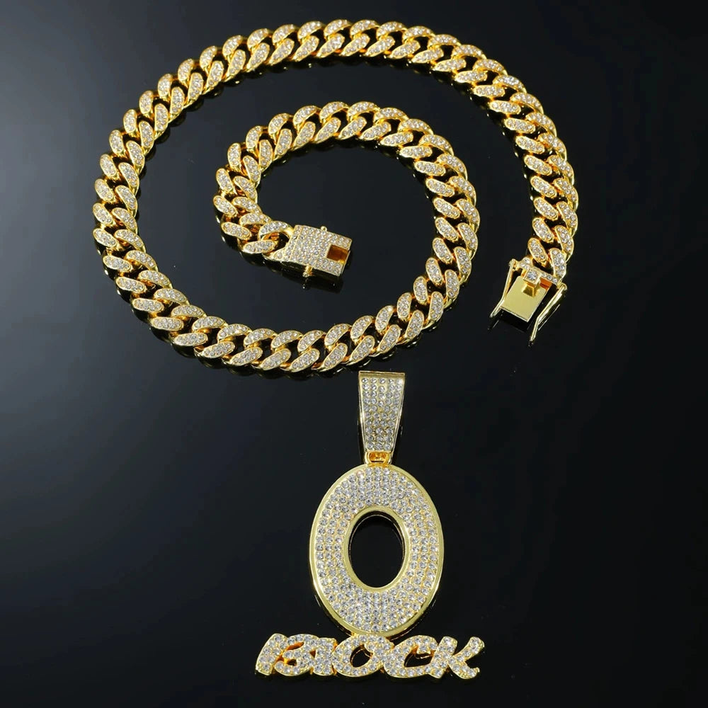 Trendy Hip Hop Letter Charm Letter O Block Pendant Necklace For Women Men Bling Iced Out Cuban Chain Necklaces Charm