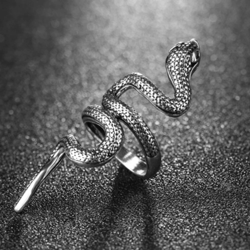 Gothic Snake Adjustable Ring — Silver-Tone Zinc Alloy