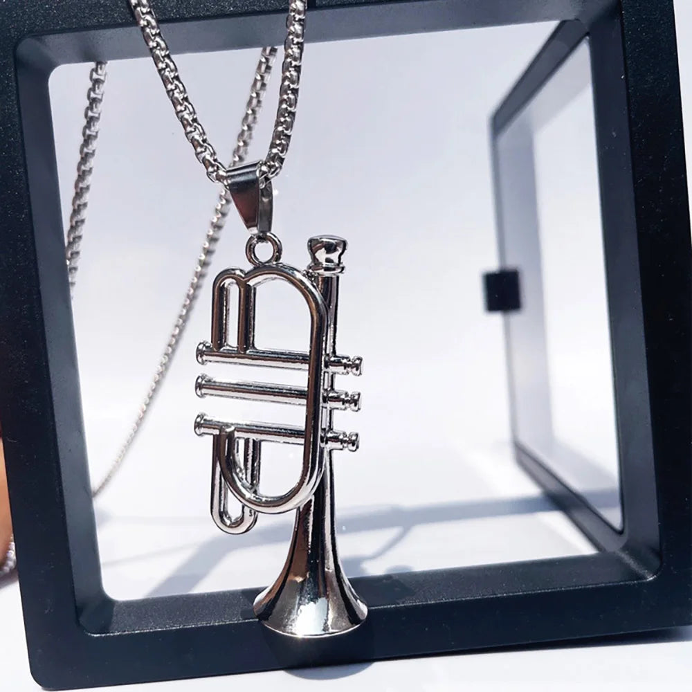 Hip Hop Trumpet Pendant Necklace Alloy Silvery Instrument Shape Necklaces Long Chain Chokers Women Men Rock Band Jewelry Gifts