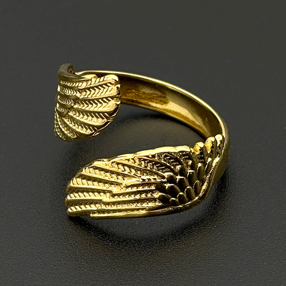 Angel Wing Wrap Open Adjustable Rings for Women Men Stainless Steel Gold Plated Feather Protection Finger Ring Jewelry