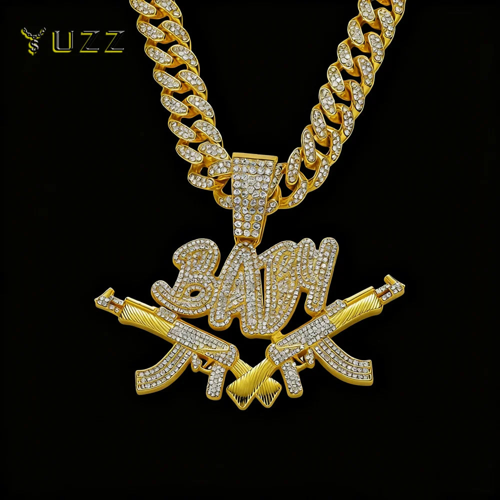 New Men Hip Hop Iced Out Bling AK47 Gun Pendant Necklace with 13mm Miami Cuban Chain HipHop Letter BABY Necklace