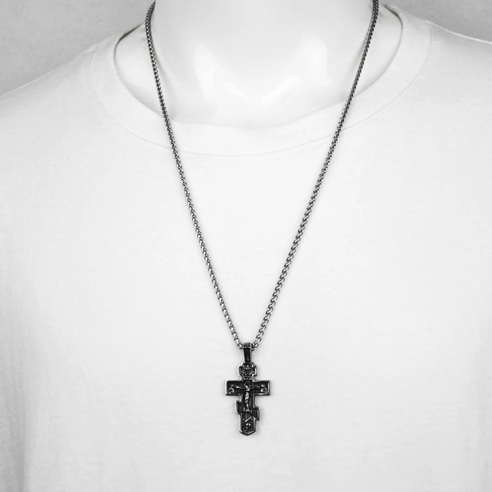 Vintage Stainless Steel Jesus Cross Pendant Necklace Men Biker Amulet Cross Orthodox Chain Necklace Jewelry Gift