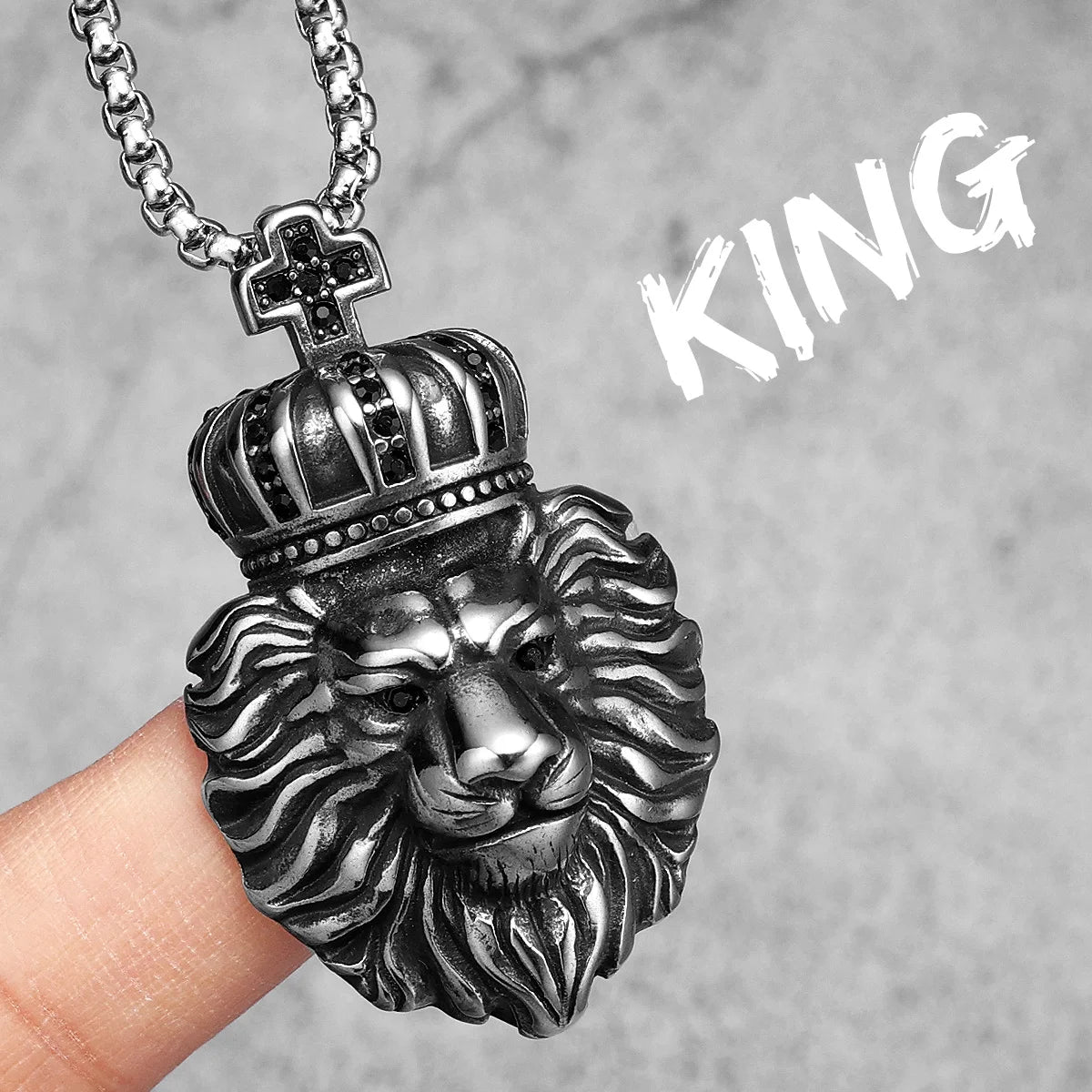Crown Lion Head Pendant Necklace — Box Chain, Stainless Steel