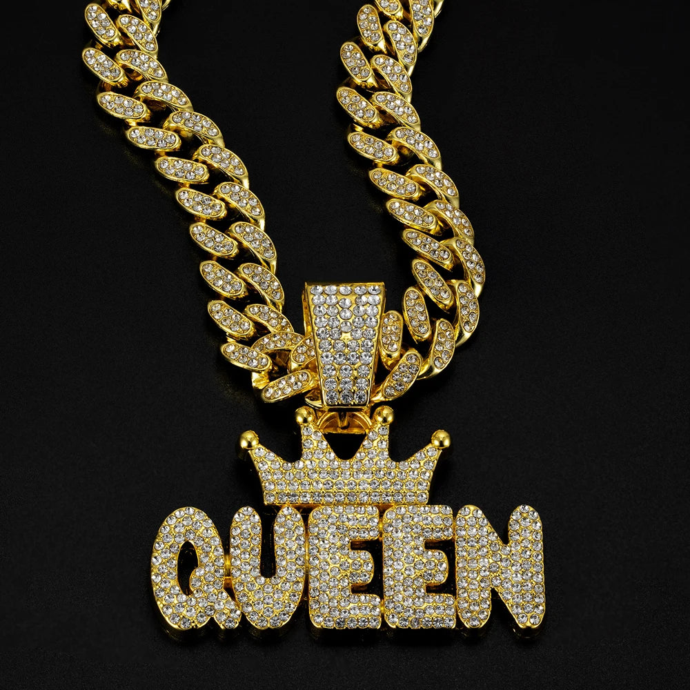 Men's Hip Hop Crown with QUEEN Letter Pendant Necklace For Women Crystal Cuban Chain Iced Out Bling Necklaces Rock