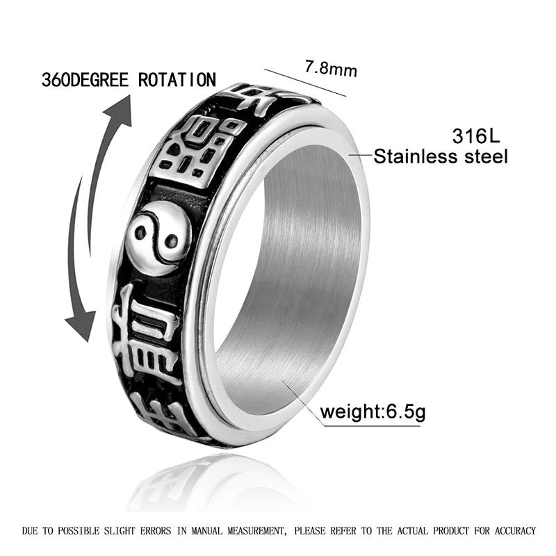 Rotating Yin Yang Ring — Chinese Nine-Character Mantra Amulet