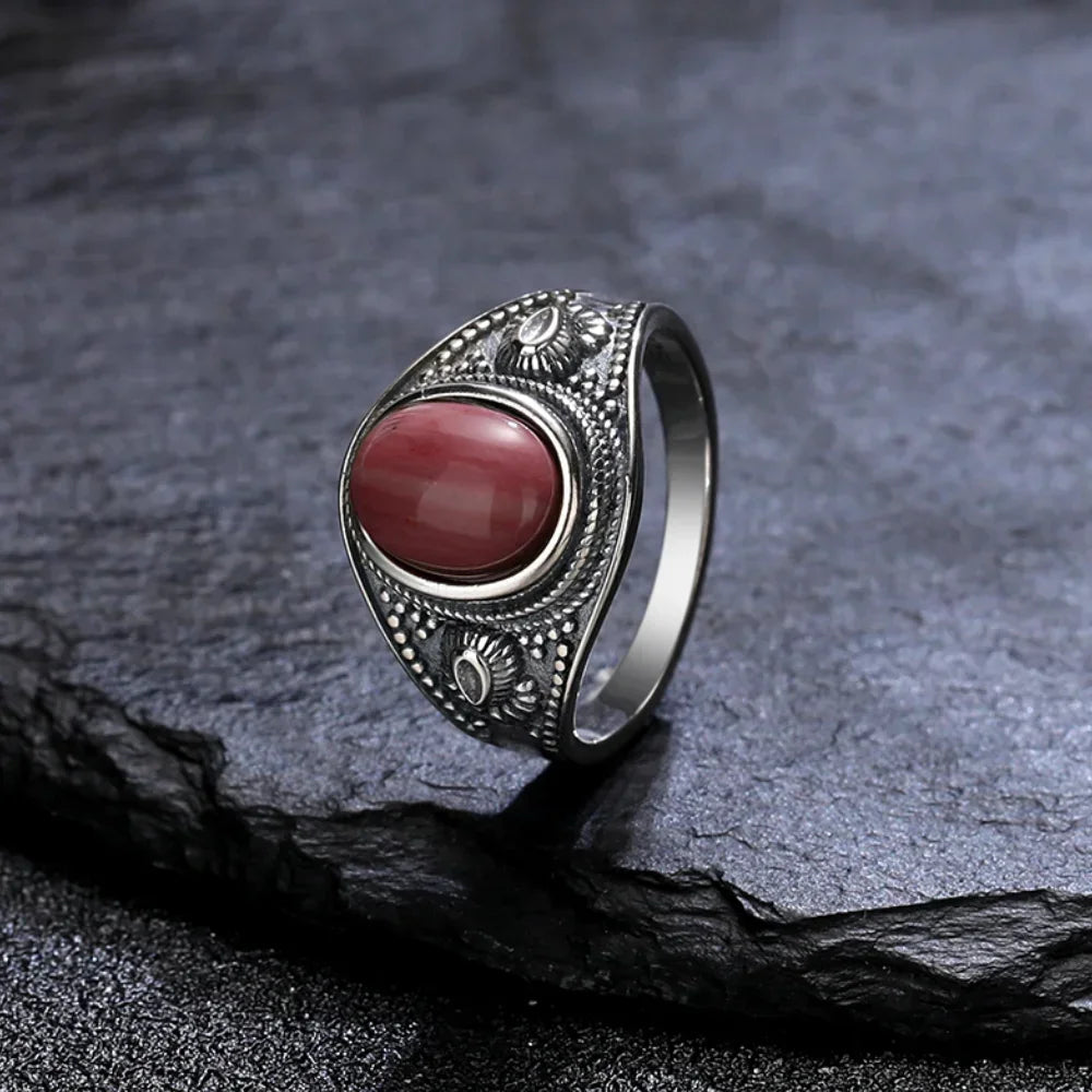 Silver Vintage Ring Oval 8x10MM Natural Tiger's Eye Stone Ring for Men Women Gift Luxury Rhodochrosite Jewelry