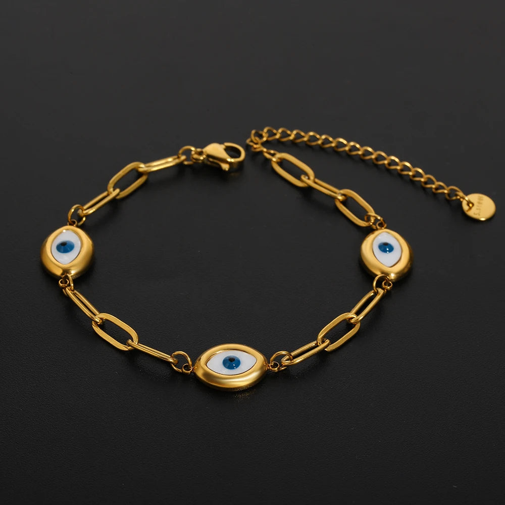 Greatera Three Devil's Eyes Bracelet For Women Men Simple Gold Color Plating Geometry Creative Stainless Steel Charm