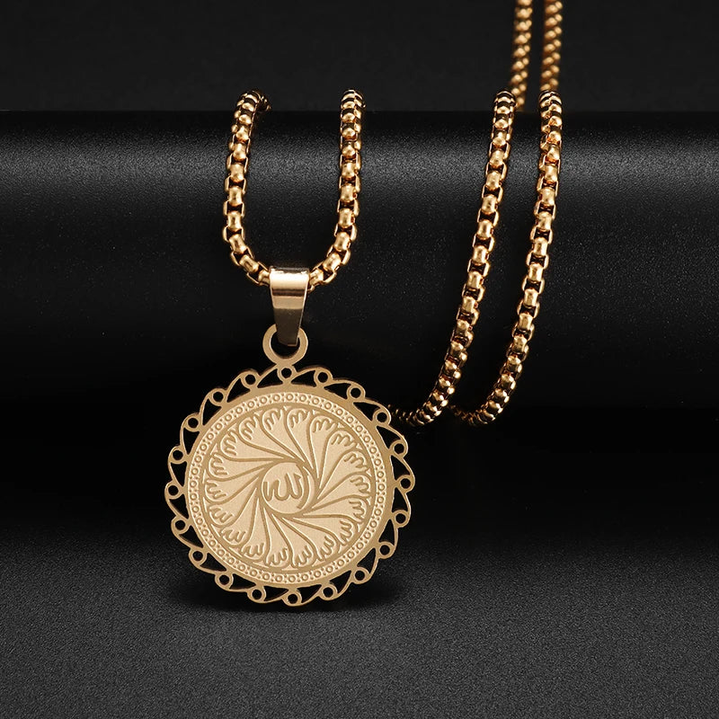 Allah Scripture Round Medal Pendant Stainless Steel Necklace Mens Islamic Jewelry Amulets Muslim Gifts