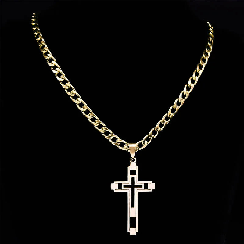 Hip Hop Cross Stainless Steel Chain Necklaces Gold Color Long Pendant Necklace for Women Men Christian Jewelry collier
