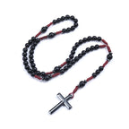 Matte Black Round Beads Red Cord Necklace with Cross Pendant Rosary for Men and Women