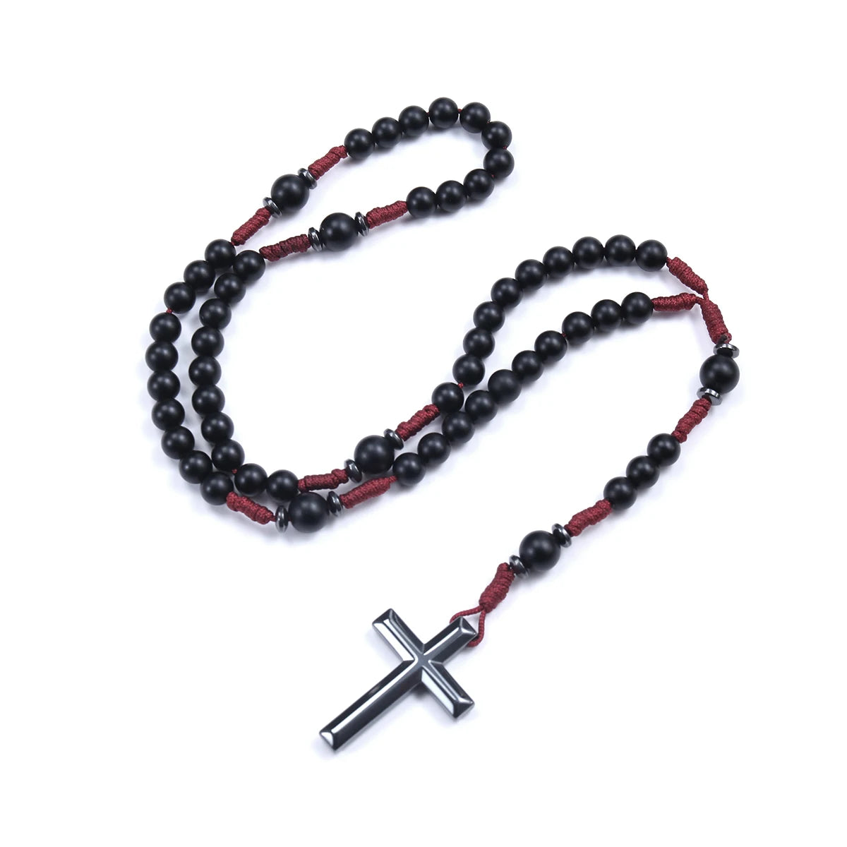 Matte Black Round Beads Red Cord Necklace with Cross Pendant Rosary for Men and Women