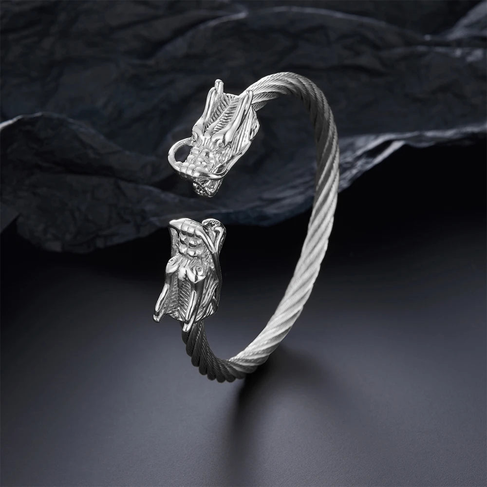 Double Dragon Tip Twisted Wire Cuff Bracelet — Stainless Steel
