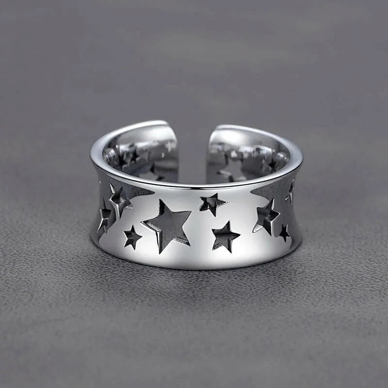 Hollow Stars Open Ring for Women — Concave Silver-Tone Band