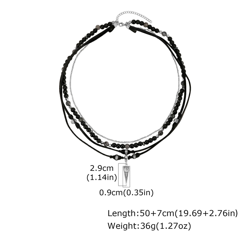 Multi-Layer Leather Pendant Necklace — Black