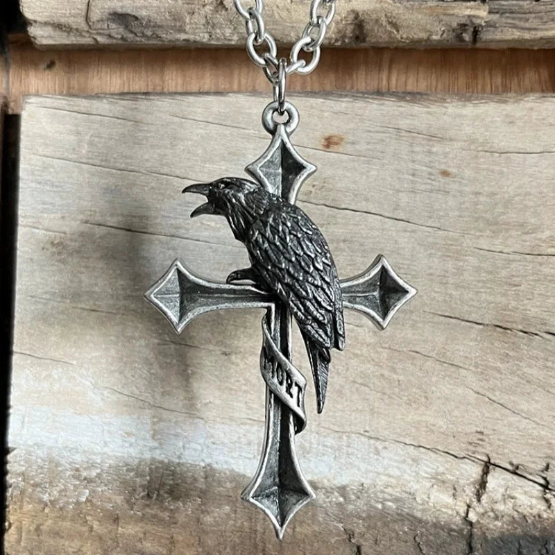 Gothic Crow Cross 925 Silver Pendant Necklace