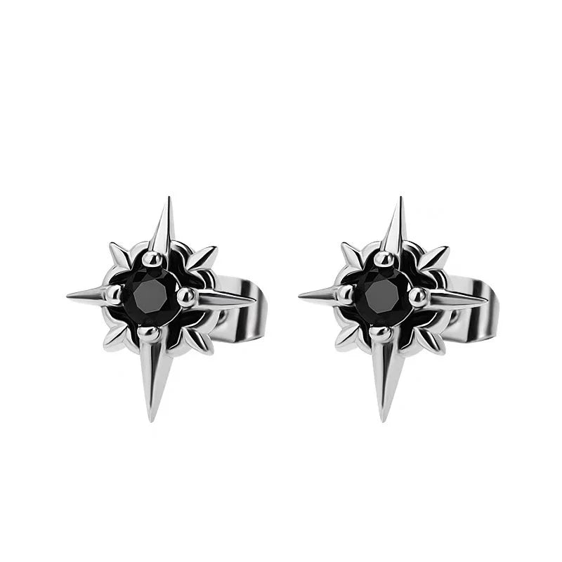 Black CZ Star Stud Earrings with Clear Crystal — Black-Tone