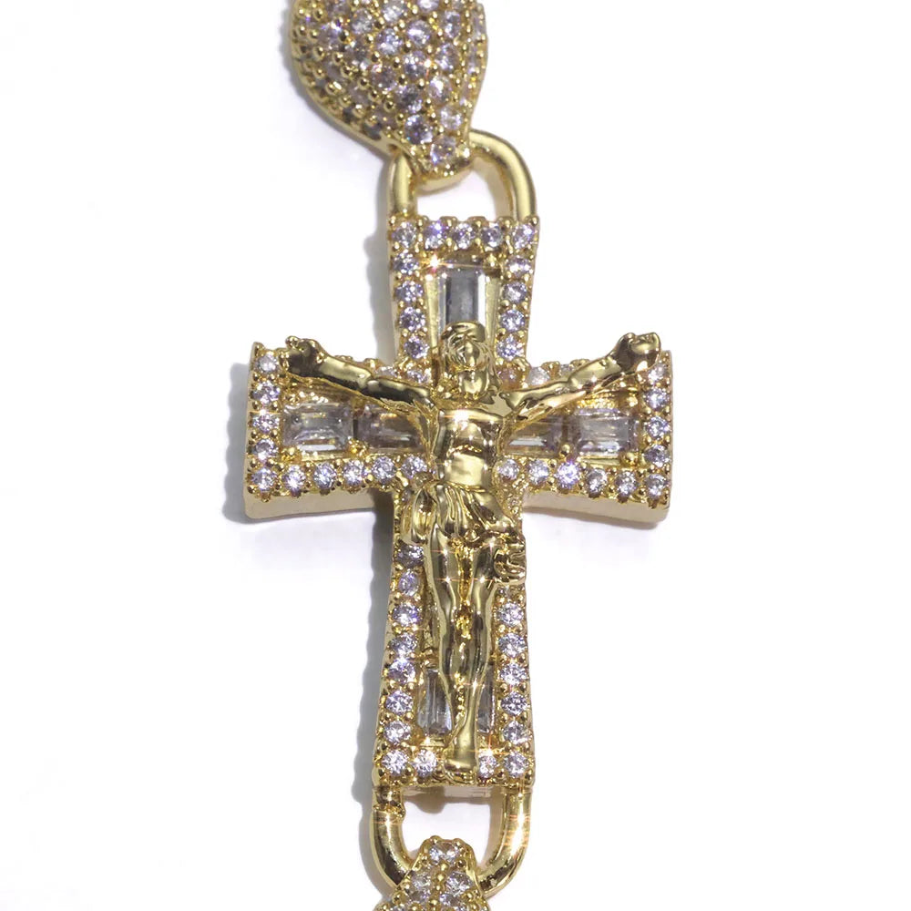 Gold Cross Jesus Bracelet Iced Out 8MM Bead