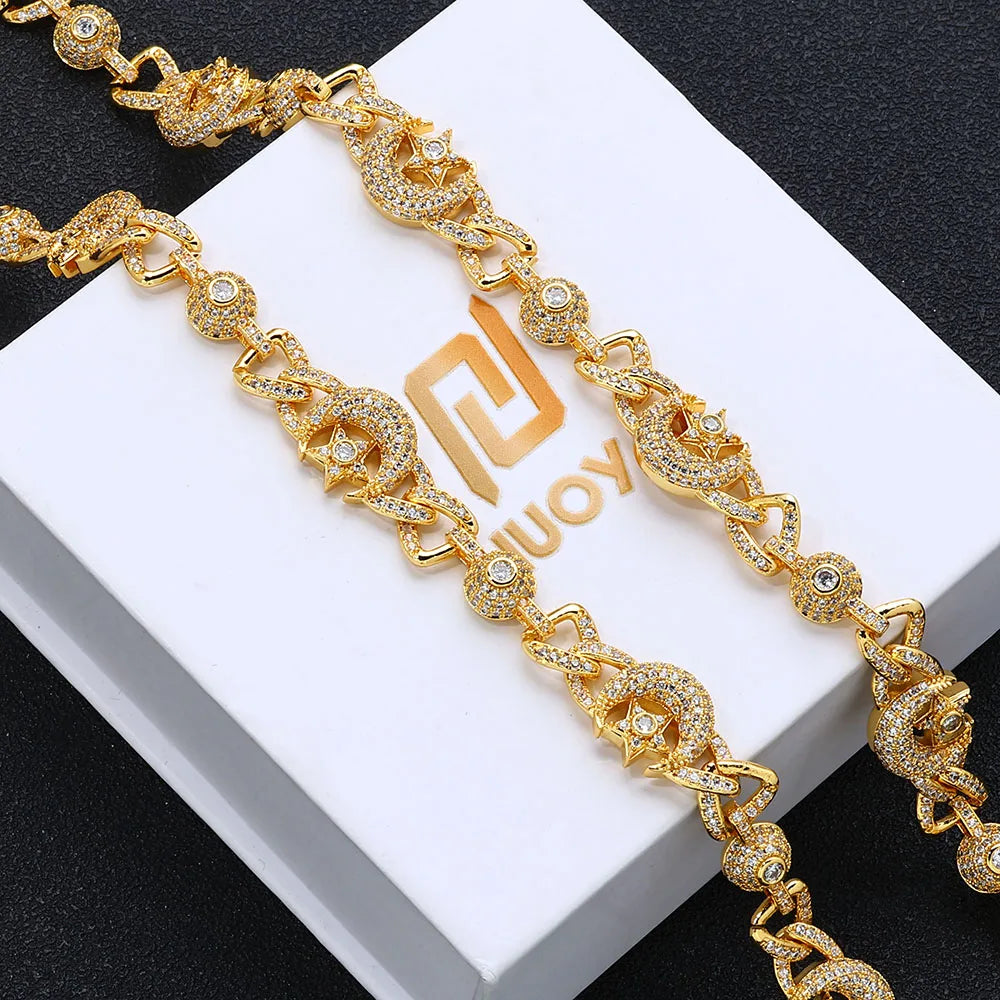 Iced Out Star Cuban Chain Necklace Moon CZ