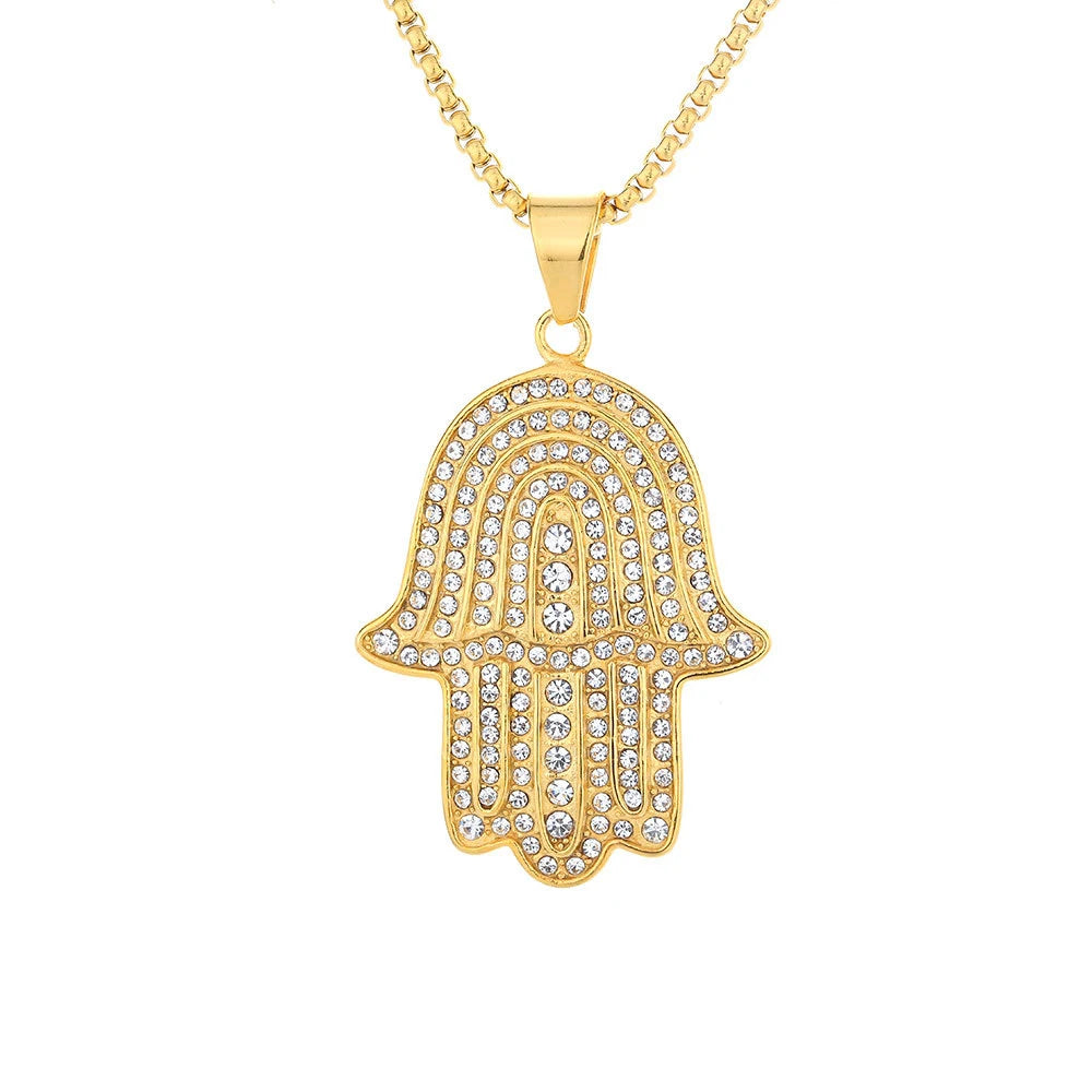 Iced Out Hamsa Hand of Fatima Pendant Necklace — Gold-Tone Steel