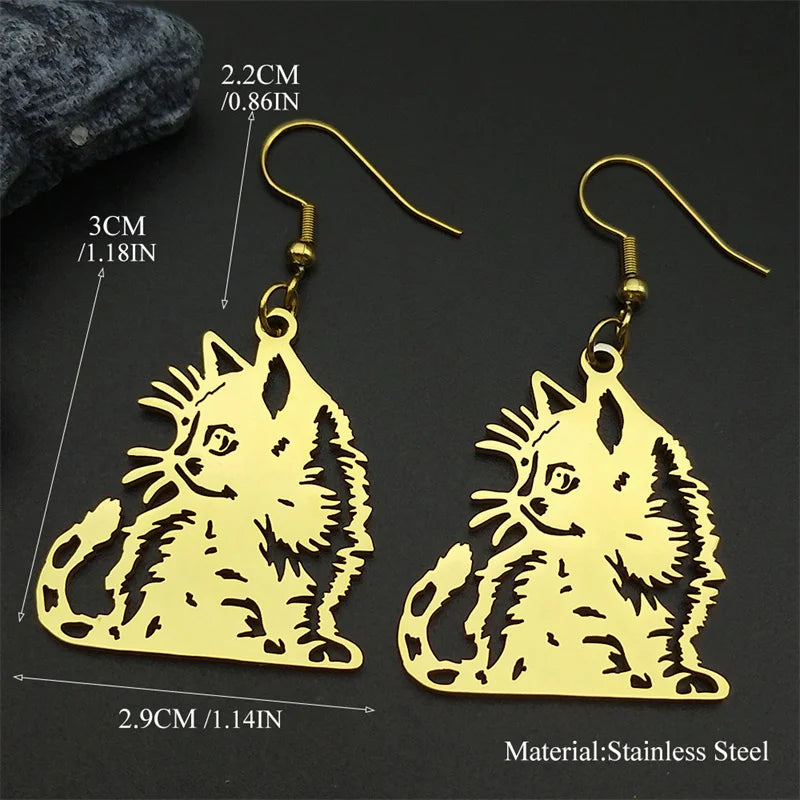Cat Gold Earrings Cute Kitty Animal Hollow Hoop