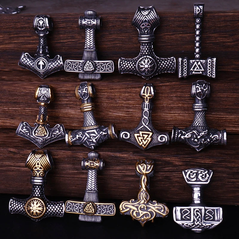 Multi Style Beaded Viking Thor's Hammer Pendant Necklace Stainless Steel Necklace Men Biker Mjolnir Amulet Jewelry