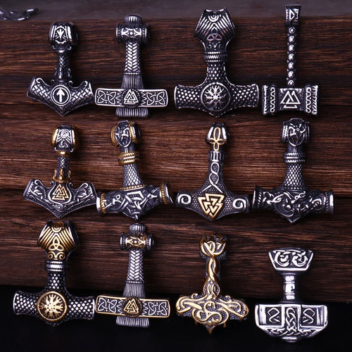 Multi Style Beaded Viking Thor's Hammer Pendant Necklace Stainless Steel Necklace Men Biker Mjolnir Amulet Jewelry