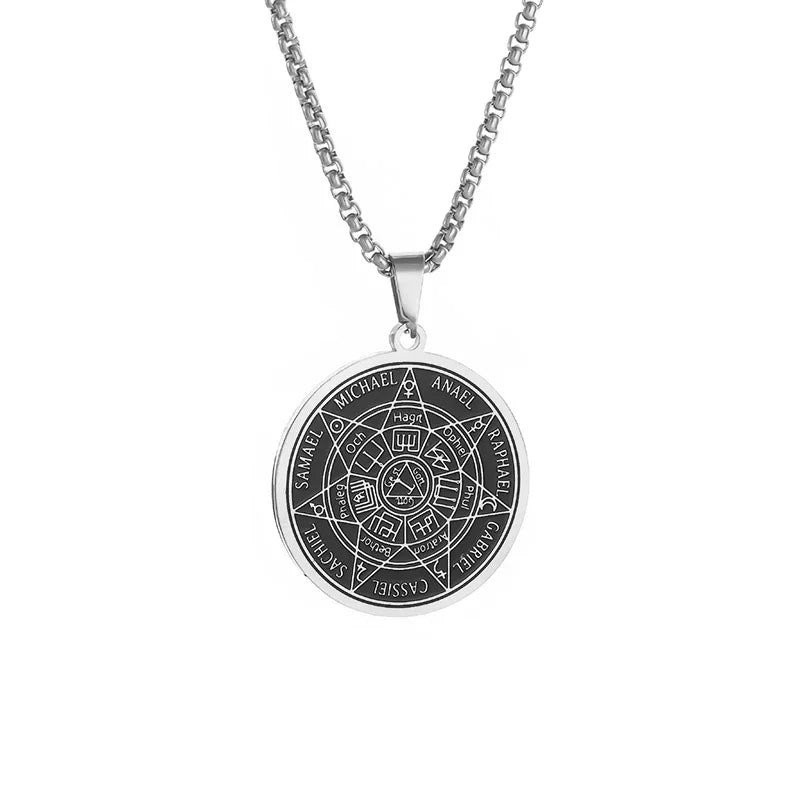 Stainless Steel Solomon Religious Seven Archangels Compass Pendant Necklace Men's Retro Lucky Amulet Jewelry