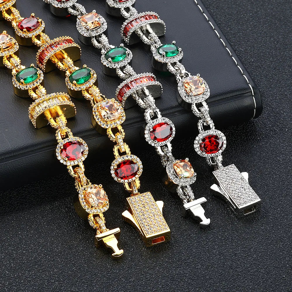Gold Iced Out Chain Necklace Ruby Emerald 18K