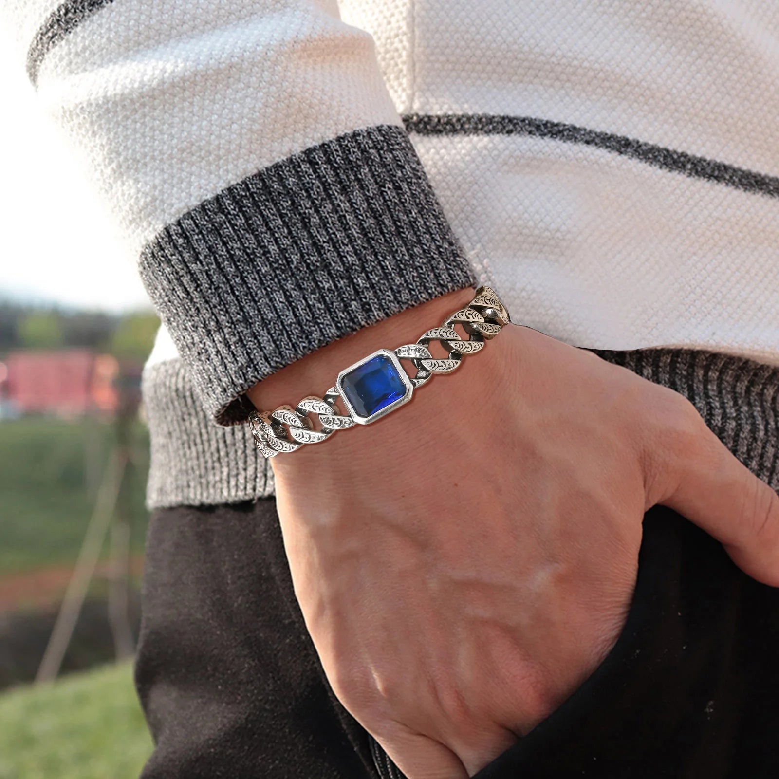 Cuban Blue Stone Chain Bracelet — Stainless Steel