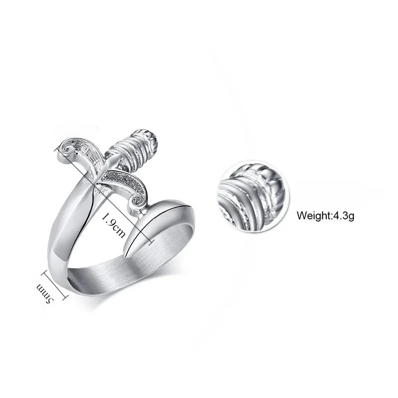 Punk Neo Gothic Design Dagger Ring for Men and Women Creative Silver Color Curved Sword Ring Opening Adjustable Size