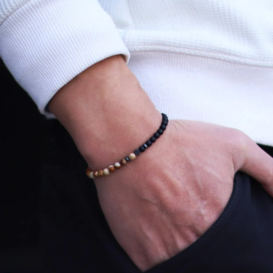 Bicolor Natural Stone 4mm Beaded Bracelet for Men — Elastic