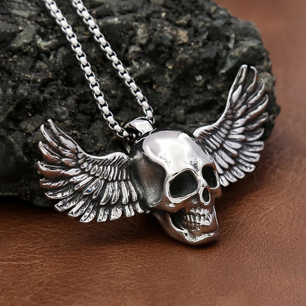 Skull Steel Pendant Big Size Fallen Angel Wings