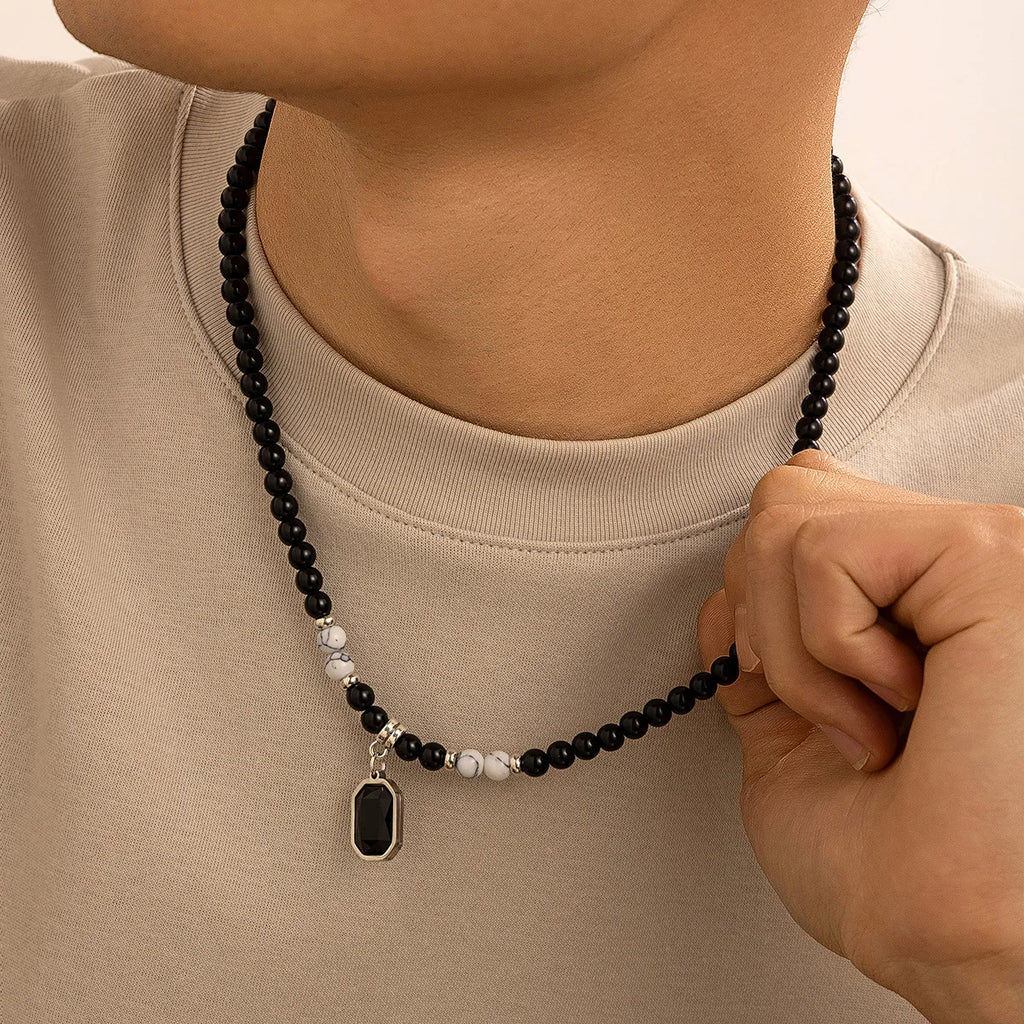 Black Beads with Square Pendant Necklace for Men Trendy Accessories on The Neck Collar 2025 Fashion Jewelry Male