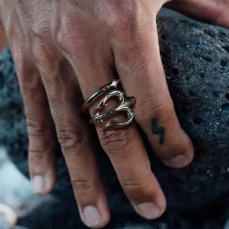 Sea God Trident Open Ring for Men — Silver-Tone Adjustable