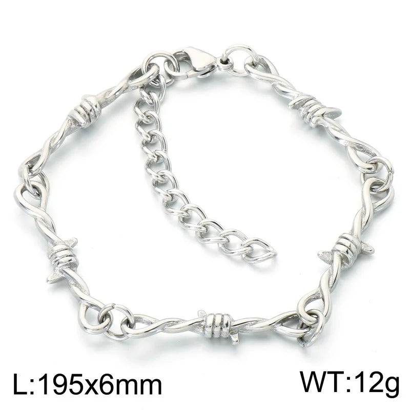 Kalen Vintage Stainless Steel Twisted Barbed Wire & Wrapped Cuban Bracelet Men‘s Adjustable Gothic Punk Women’s Wrist