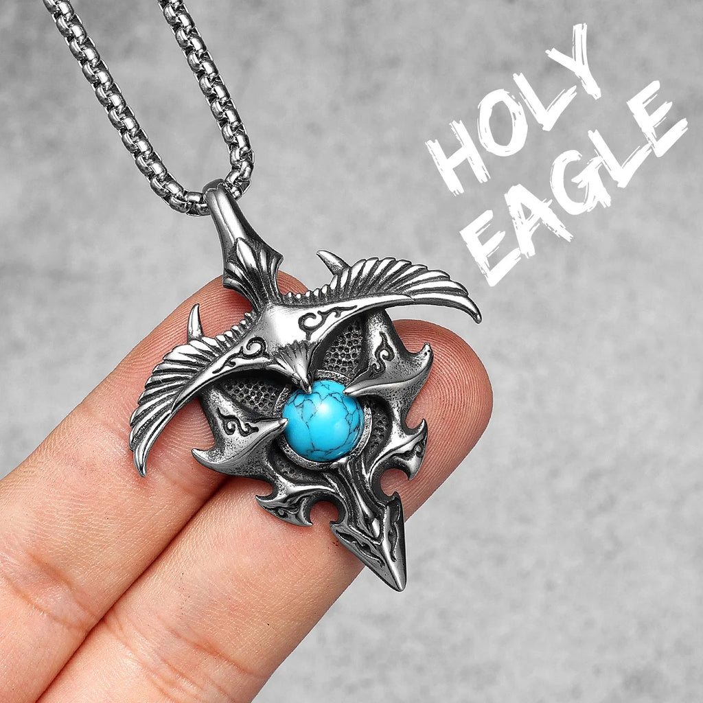 Eagle Pendants Men Green Gem Holy Freedom Necklace 316L Stainless Steel Chain Punk Rock Rap Hip Hop for Male Friend Jewelry Gift