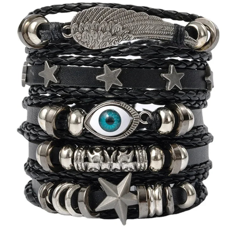 4/5/6pcs Evil Eye Wing Star Skull Diy Braided Punk Style Bracelet Set, Featuring Pu Leather And Beads Bracelet