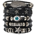 4/5/6pcs Evil Eye Wing Star Skull Diy Braided Punk Style Bracelet Set, Featuring Pu Leather And Beads Bracelet
