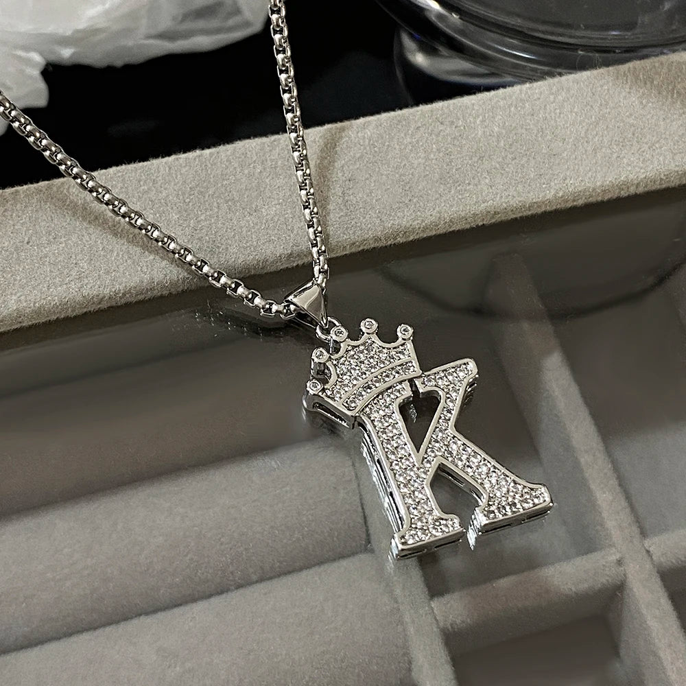 Freetry 26 Letters A-Z Zircon Crown Pendant Necklace for Women Men Punk Initial Alphabet Necklaces Hip Hop Choker Chain