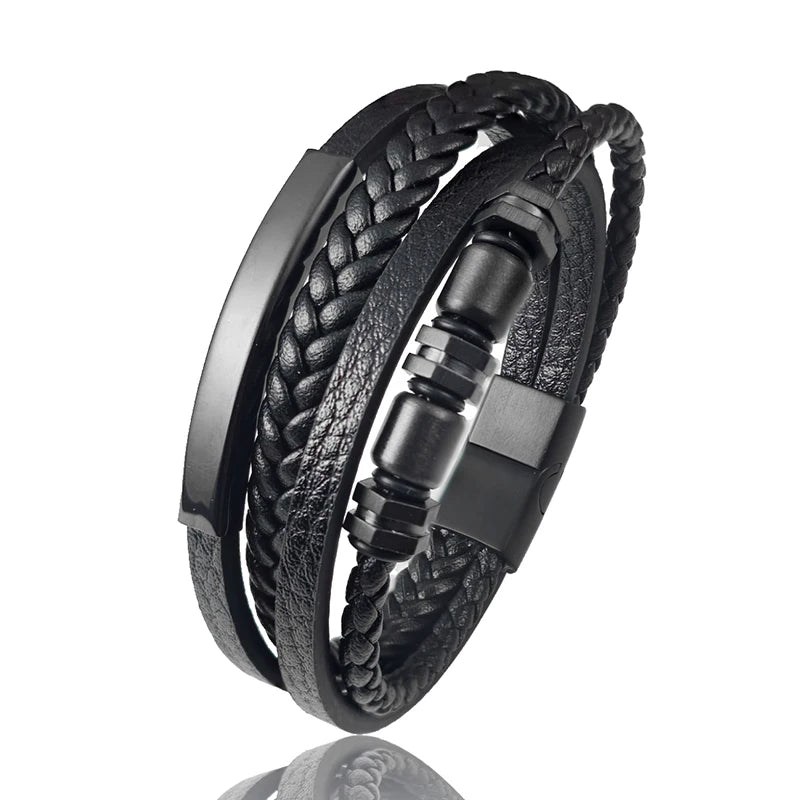 Men's Stainless Steel Luxury Magnetic Buckle Braided Multi-layer Leather Cylinder Hexagonal Bead Bracelet Men's Jewelry