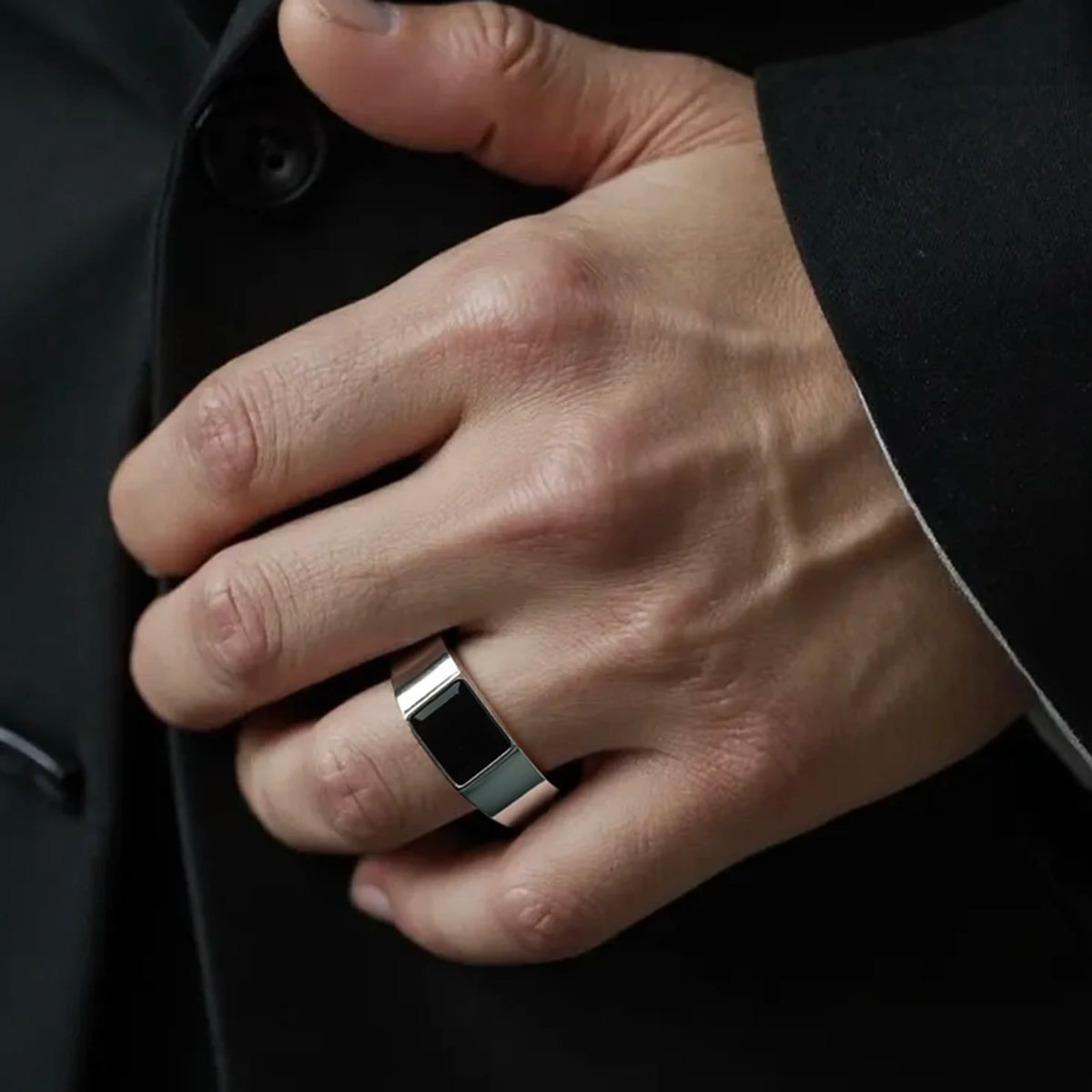LNCHRAN Men 316L Stainless Steel Gold/ Black Onyx Square Signet Ring Minimalist Jewelry Gift For Men