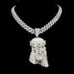 Stylish 3D Jesus Pendant Necklace - Hip Hop Inspired with Layered Cuban & Tennis Chains, Rhinestone Accents,Fashion