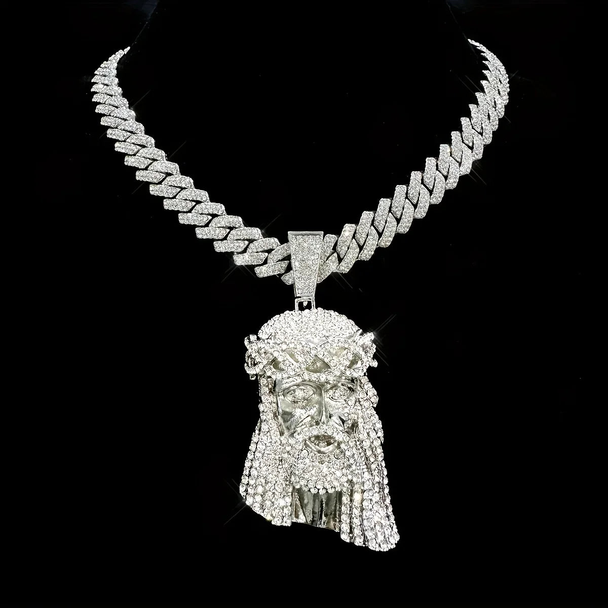 Stylish 3D Jesus Pendant Necklace - Hip Hop Inspired with Layered Cuban & Tennis Chains, Rhinestone Accents,Fashion