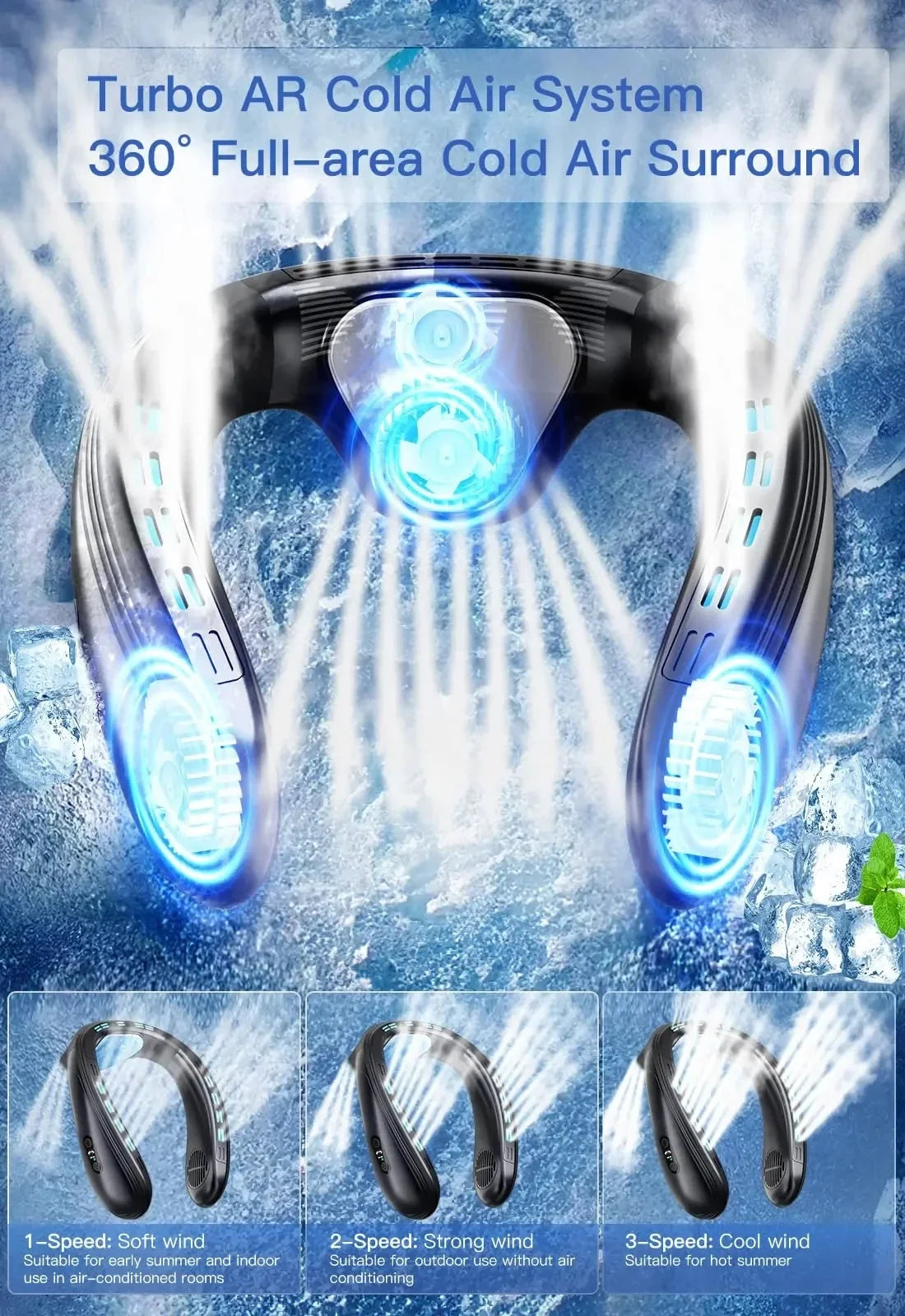 New Portable Neck Fan 5200mAh Neck Air Conditioner Rechargeable Semiconductor Cooling Fan Outdoor Personal Fan Wearable