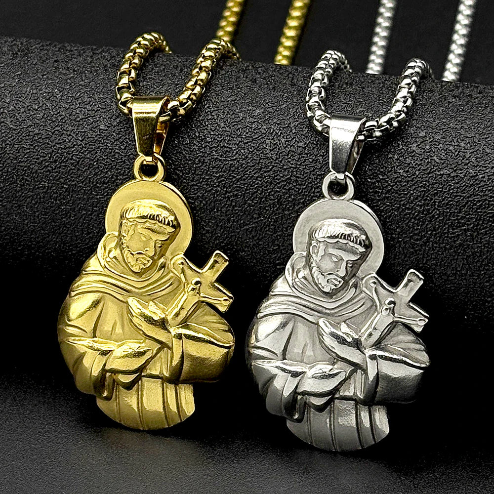 SAINT FRANCIS Hold Cross Pendant Necklace for Women Men Stainless Steel Gold Silver Color Christian Amulet Faith