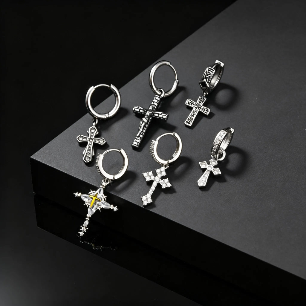 Jesus Cross Textured Dangle Earrings — Stainless Steel