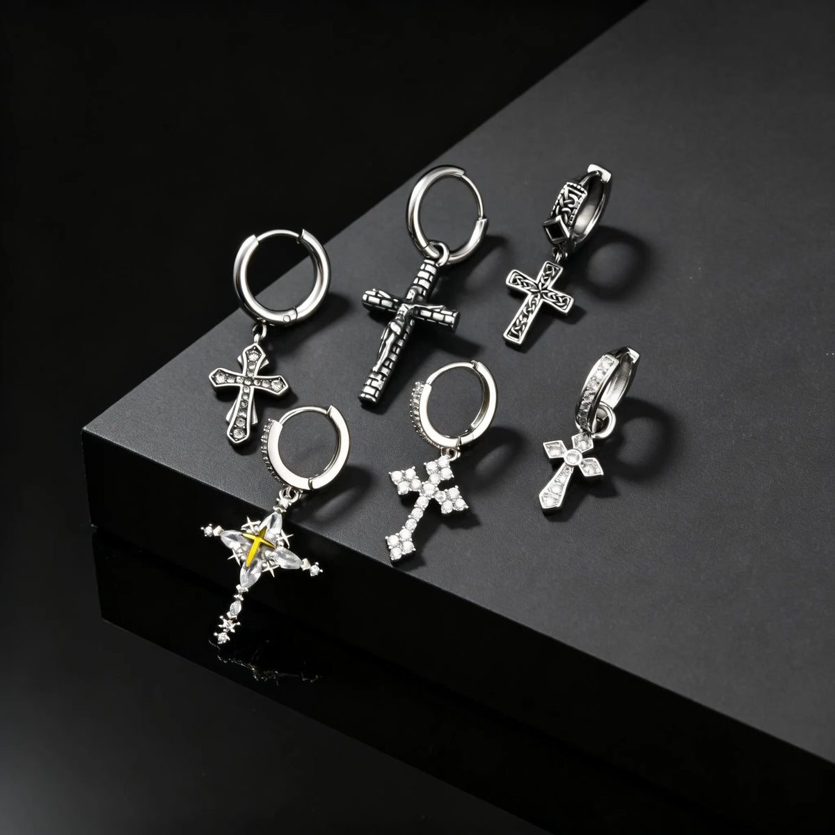 Jesus Cross Textured Dangle Earrings — Stainless Steel