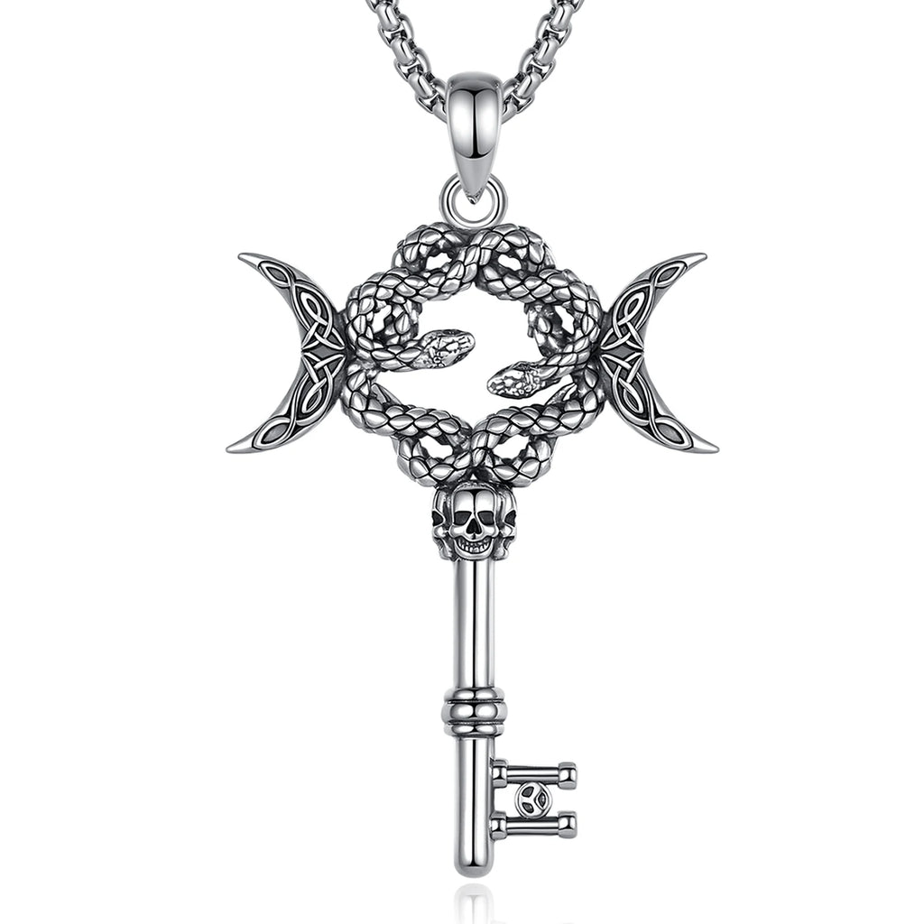 AEONSLOVE Silver Hecate Snake Key Necklace Triple Moon Goddess Pendant Witch Amulet Spiritual Jewelry for Women