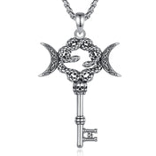AEONSLOVE Silver Hecate Snake Key Necklace Triple Moon Goddess Pendant Witch Amulet Spiritual Jewelry for Women